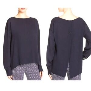 Theory Silk Jarthstin Classic Georgette Boat Neck Long Sleeve Blouse Open Back S